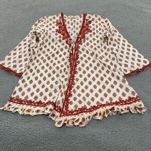Sulu Embroidered Beaded Tunic Top Womens Large Brown Red Boho Ruffle Tie Front